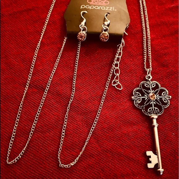 Necklace and Earring Set - Pink Rhinestone - Long Necklace - Fishhook Finish